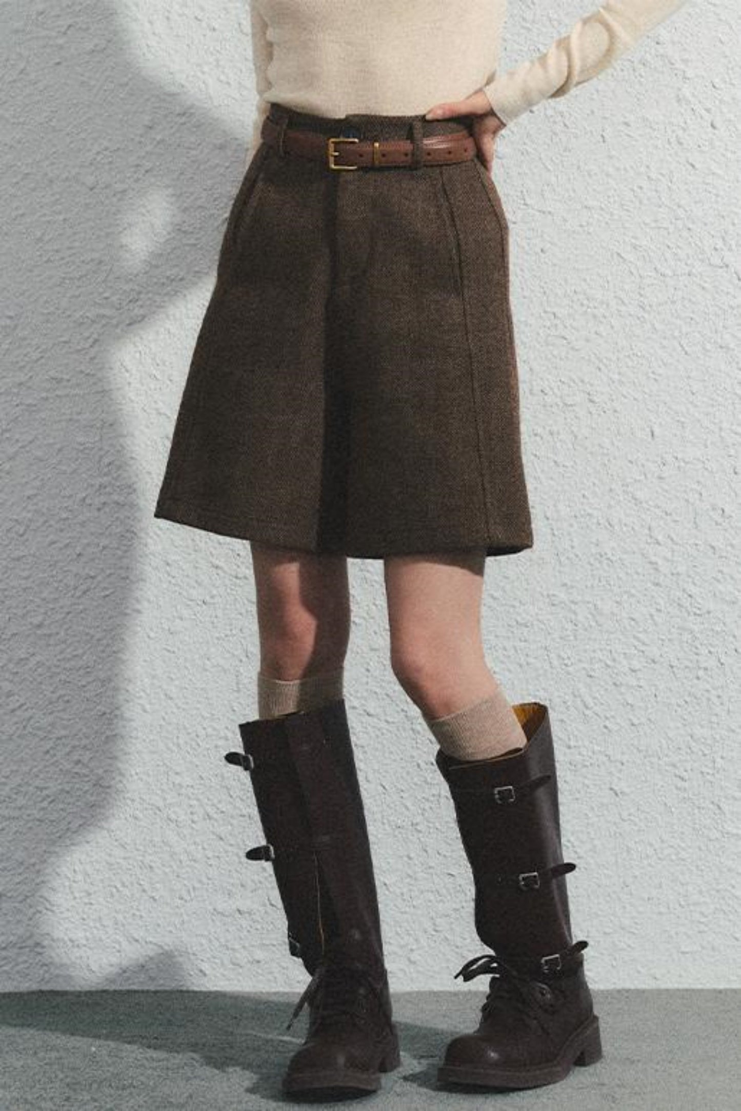 Brown Herringbone High-Waisted Trousers