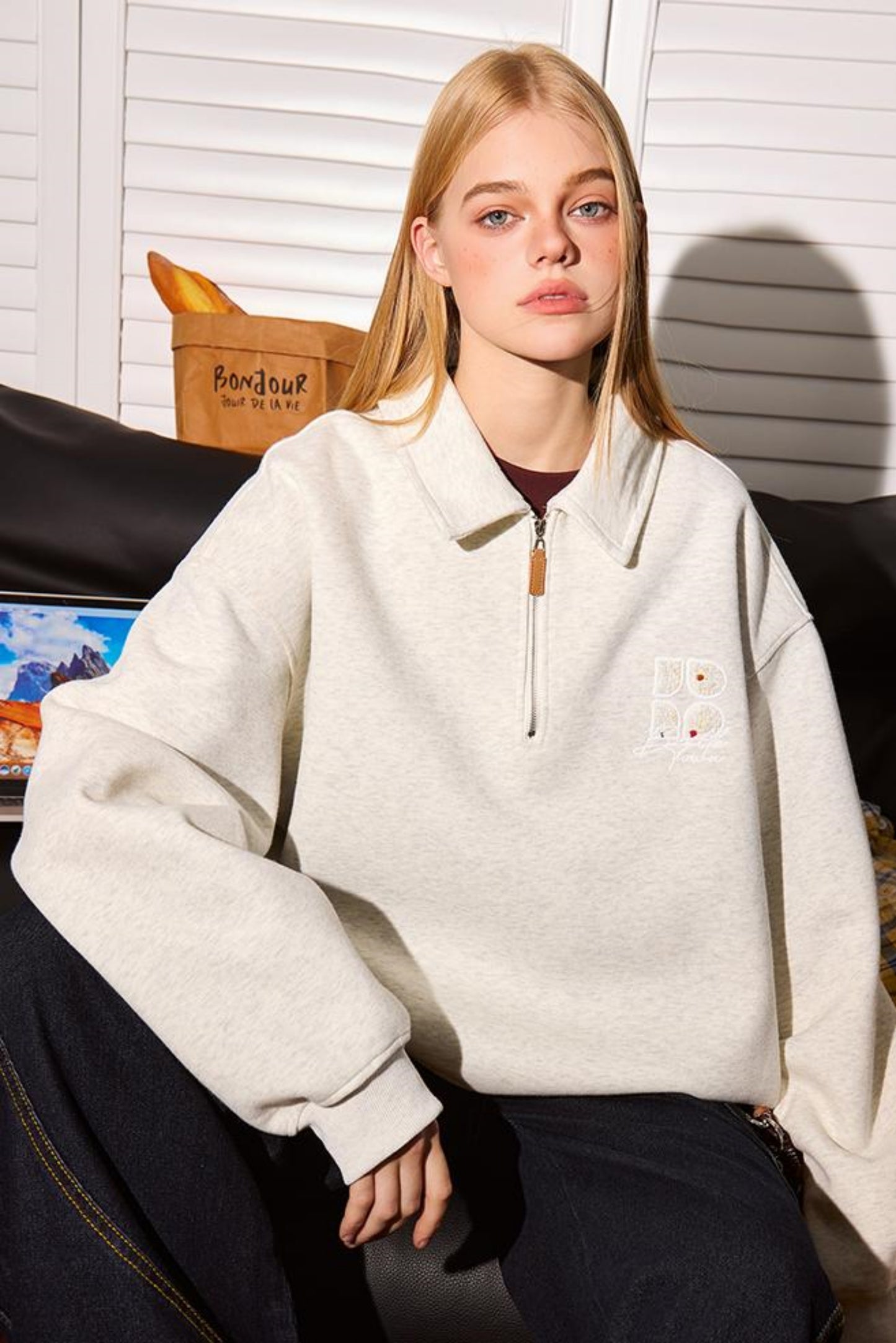 Semi Zip Embroidered Tops