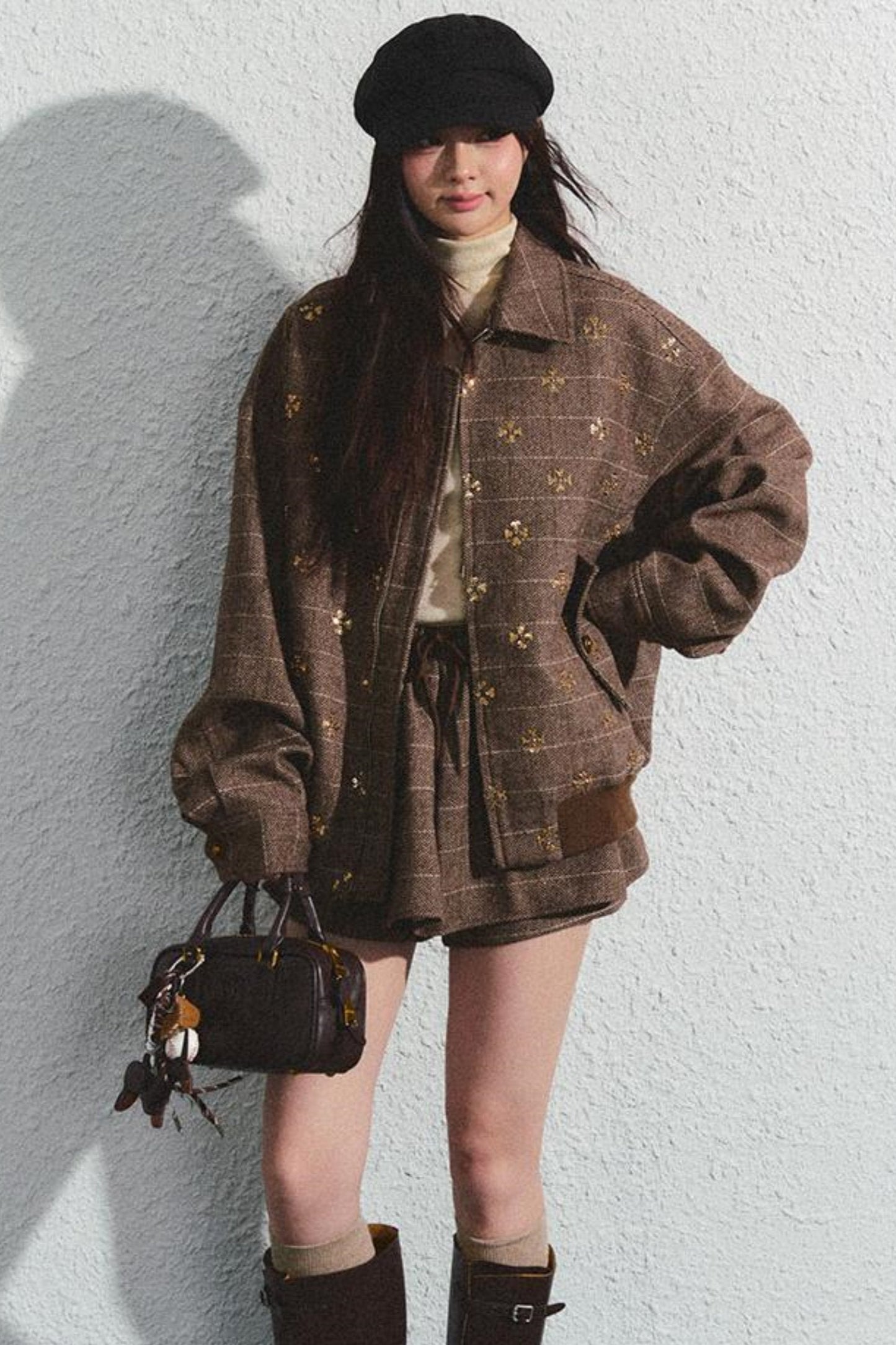 Khaki Beaded Lapel Jacket & Skirt Set-Up