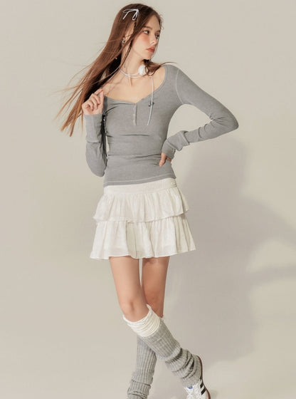 Heart Collar Long Sleeves Base T-Shirt