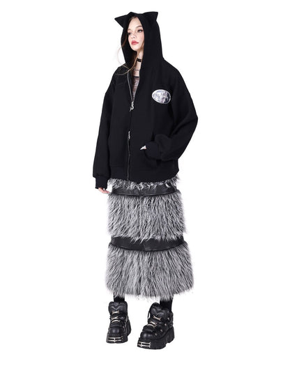 Double Zipper Black Silver Y2K Fur Skirt