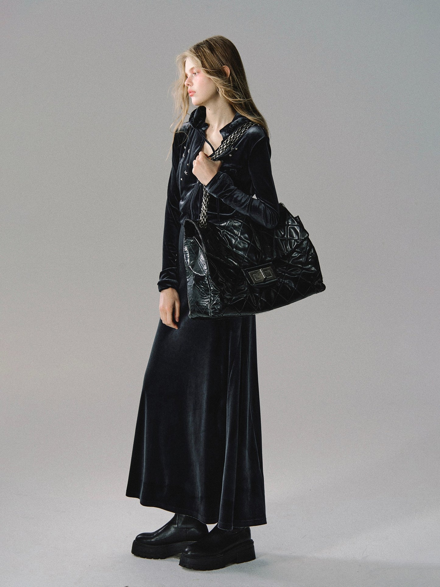 Velvet short hooded coat and dress two-piece set