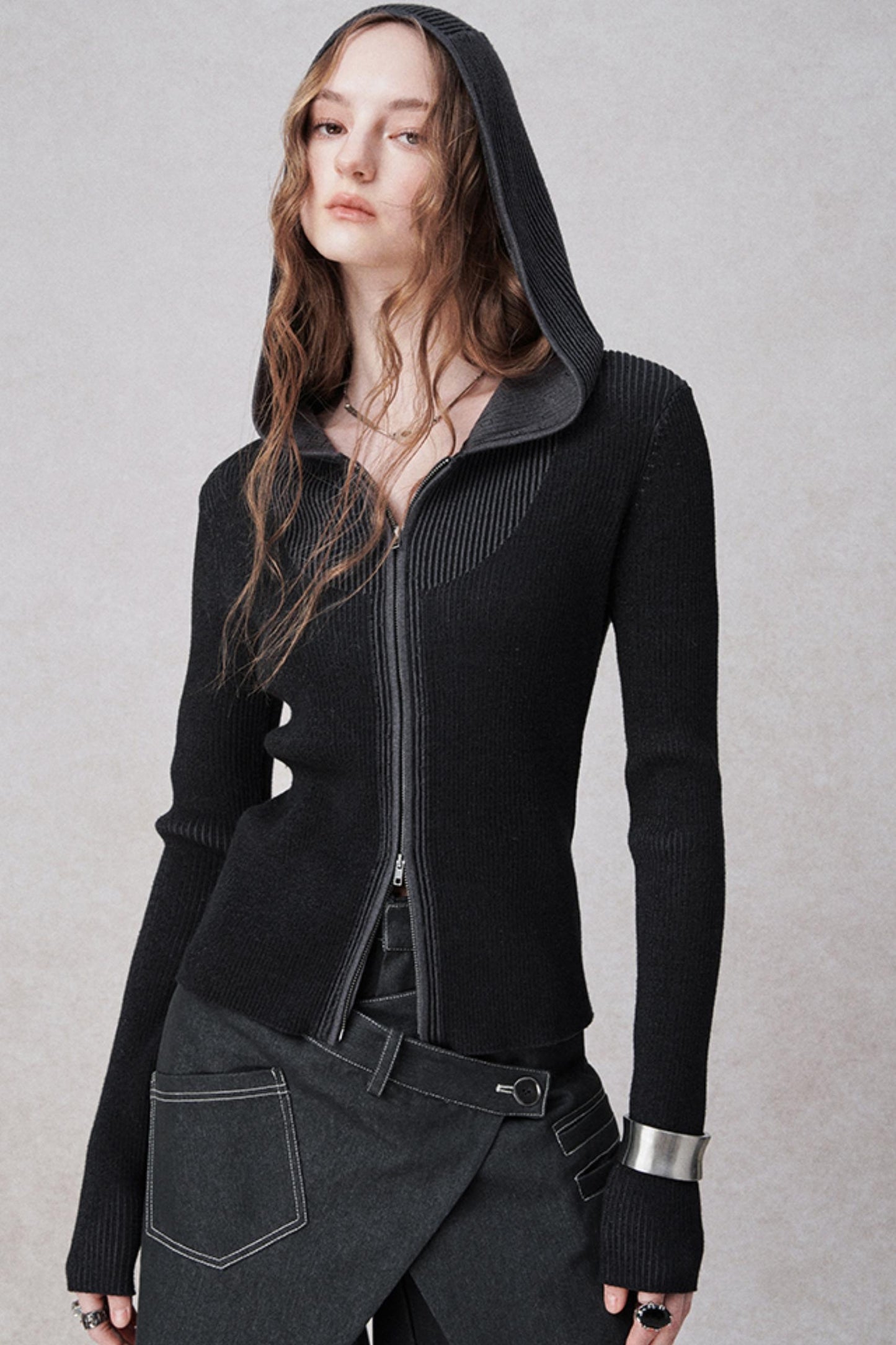 니트 후드 카디건 