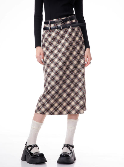 American high-waisted a-line midi plaid skirt