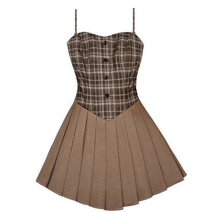 American college style brown grid suit dress set