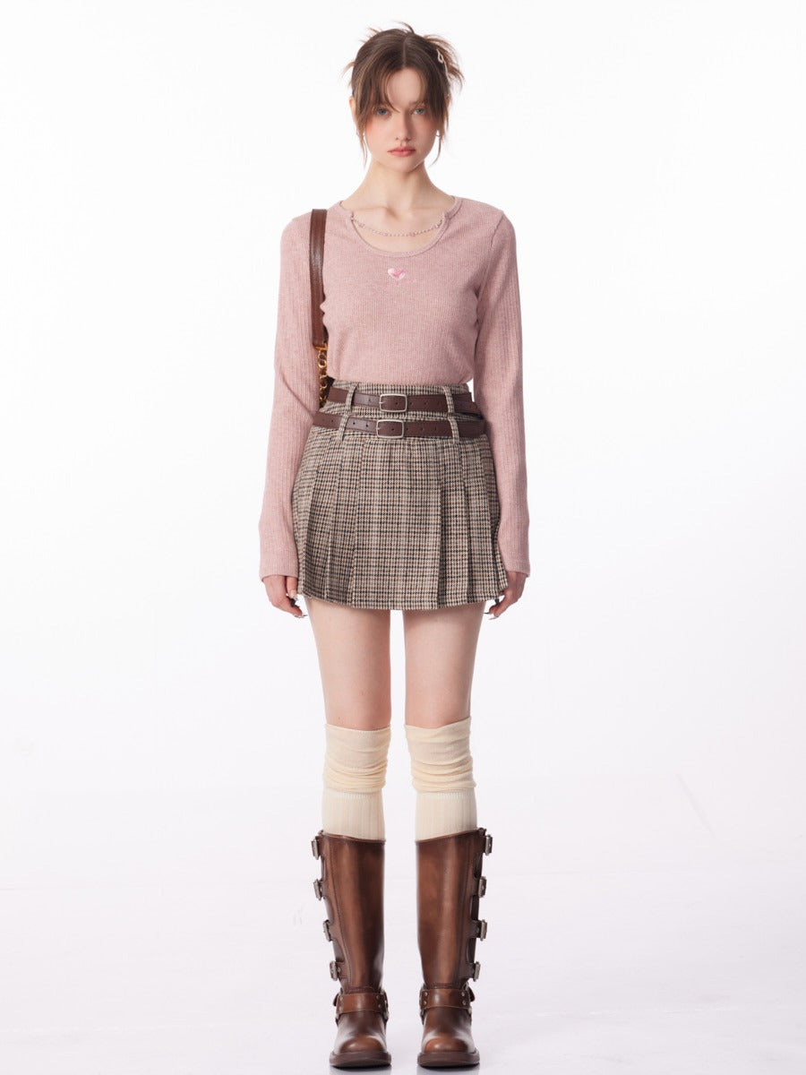 A-line Nizi wool houndstooth pleated wool skirt