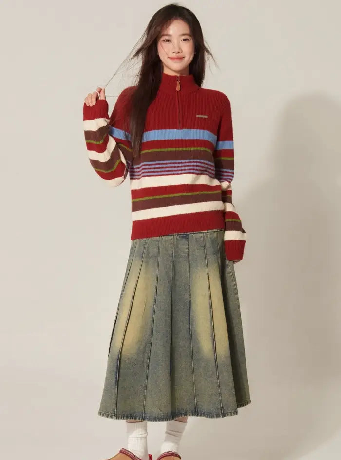 Retro Half-Zip High Neck Contrasting Striped Sweater