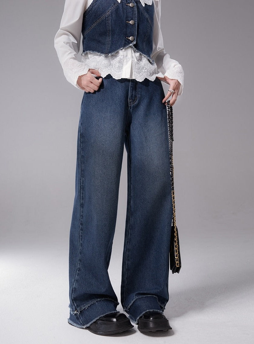 Textured Denim Vest Jeans Set