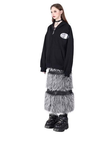 Double Zipper Black Silver Y2K Fur Skirt