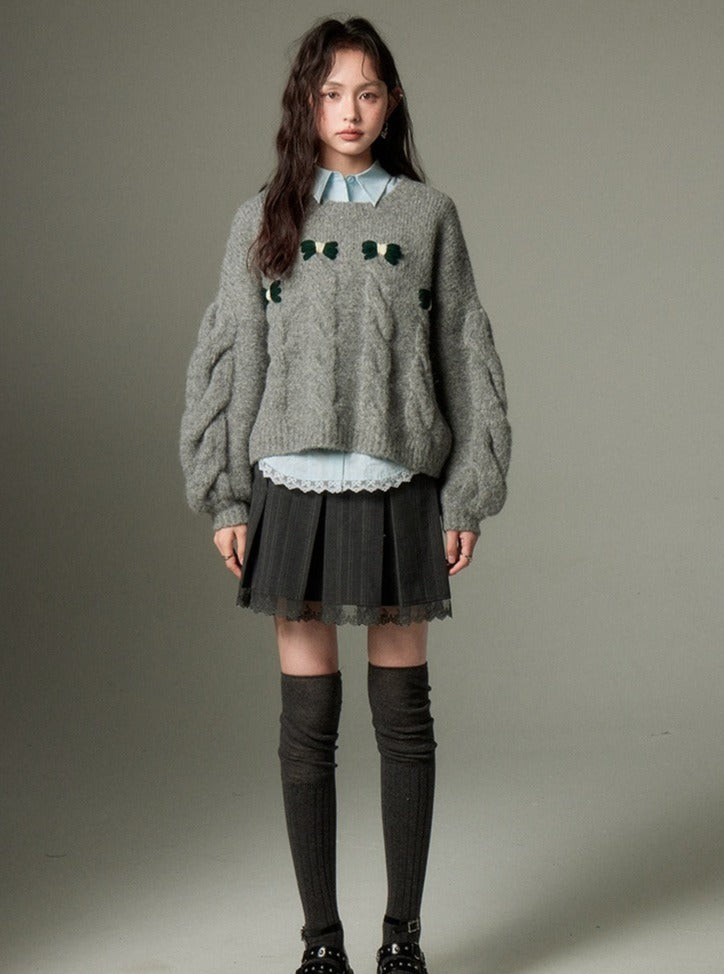 KNIT CREWNECK CABLE BOW SHIRT