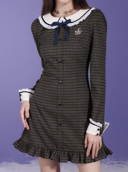 Checkered Doll Collar Long Sleeve Dress