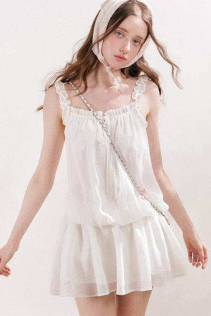 French Style Puff Sleeve Ruffle Trim Cardigan and Dress Set