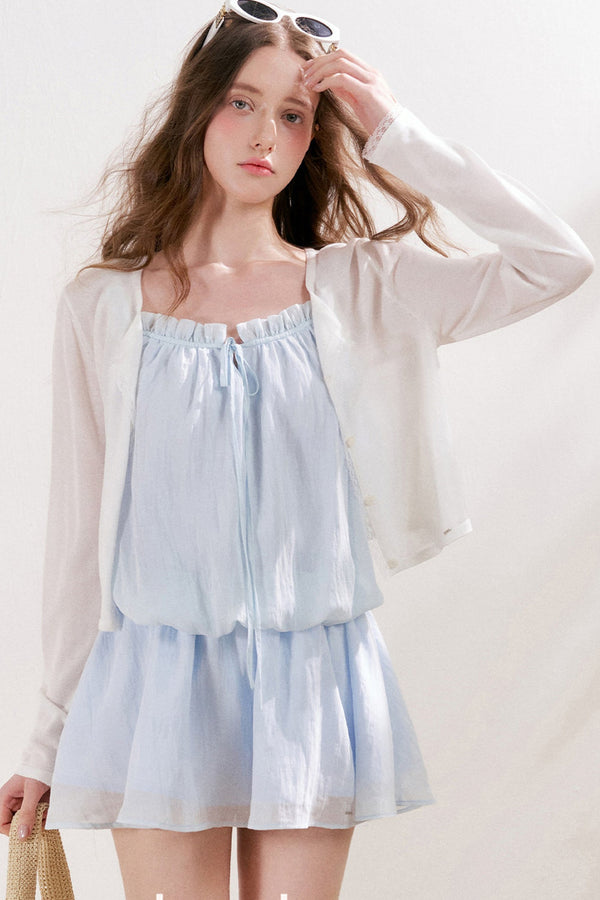 French Style Puff Sleeve Ruffle Trim Cardigan and Dress Set