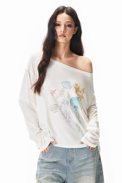 Watercolor Print Off-shoulder Long Sleeve Top