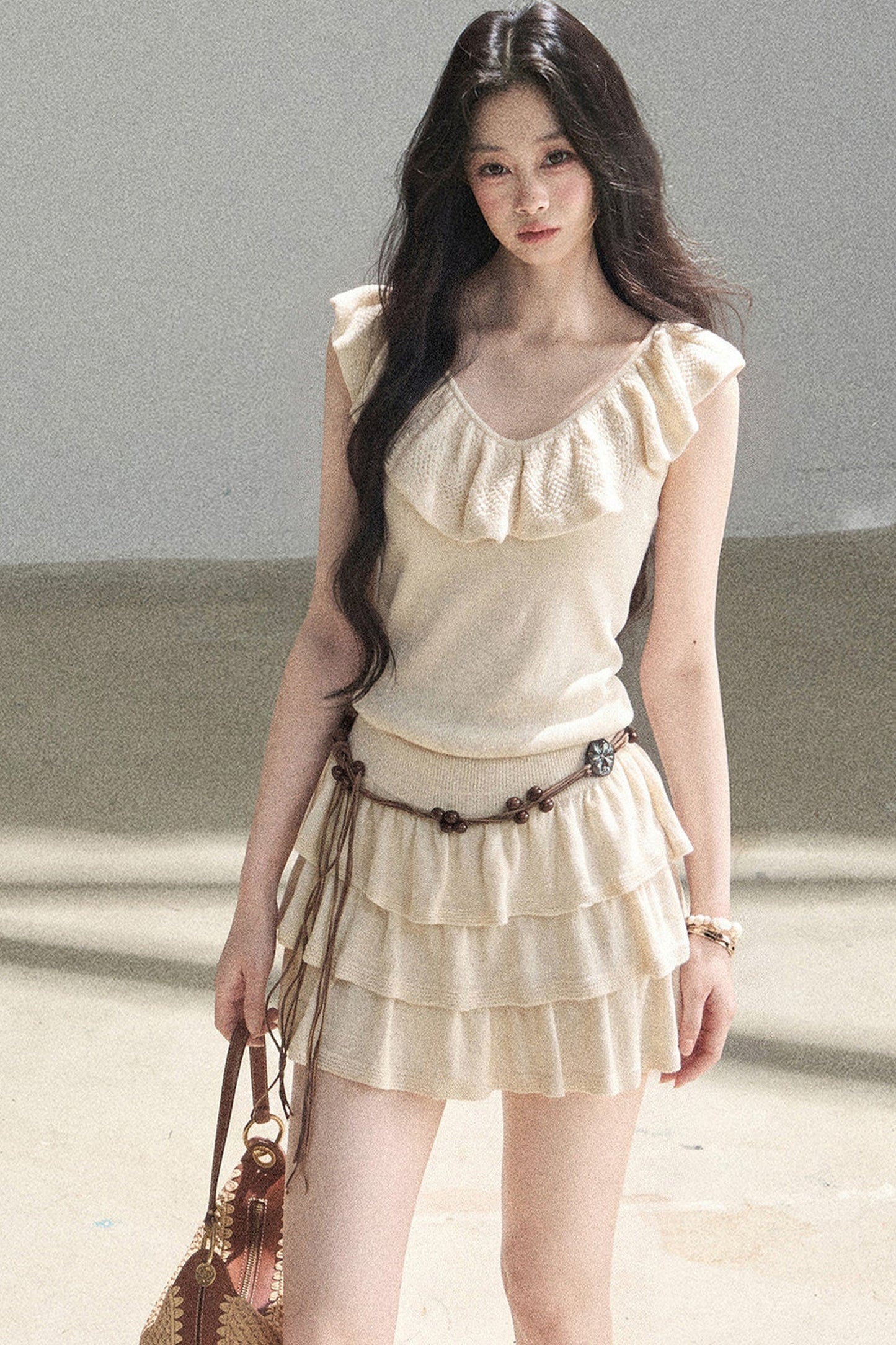 Ensemble robe en tricot à col V et à volants étagés