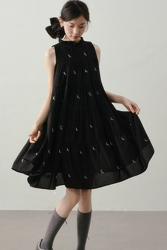 Embroidered Sleeveless Ruffle Stand Collar Dress