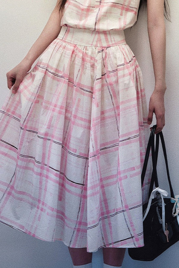 Pink Striped Plaid Halter Top and Umbrella Skirt Set