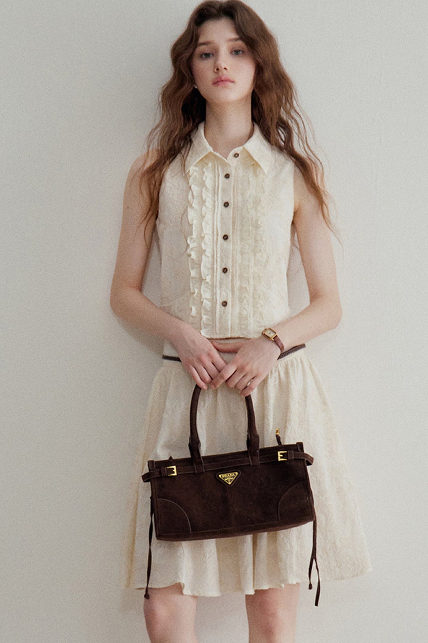 Ruffle Sleeveless Shirt Vest and Skirt Set-Up