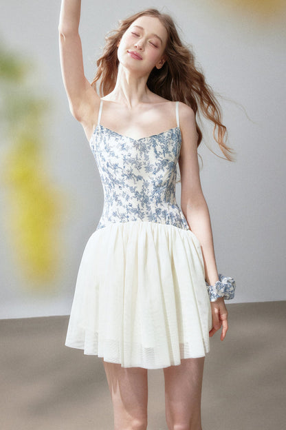 Blue Floral Mesh Strap Mini Dress