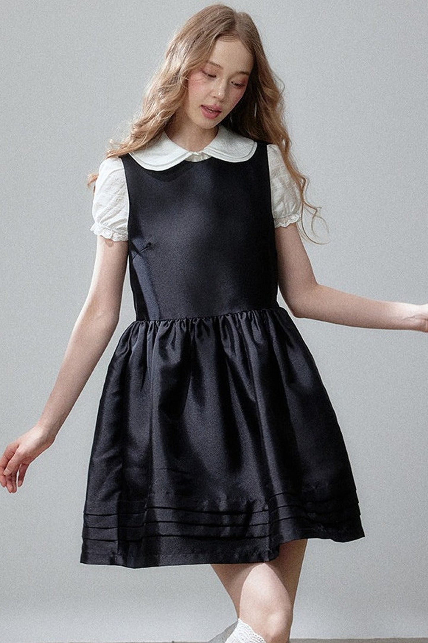 White Shirt and Sleeveless Little Black Puff Dress Set