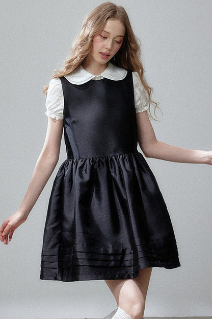 White Shirt and Sleeveless Little Black Puff Dress Set