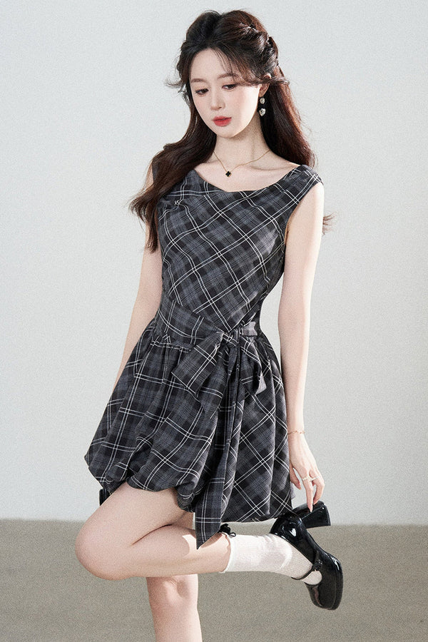 Black Plaid Sleeveless Bow Petal Hem Dress