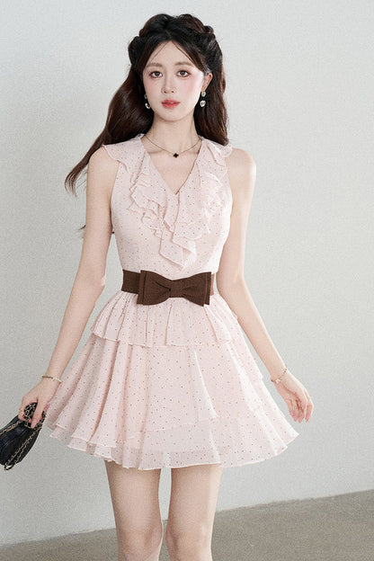 Ruffled V-Neck Pink Polka Dot Tiered Dress