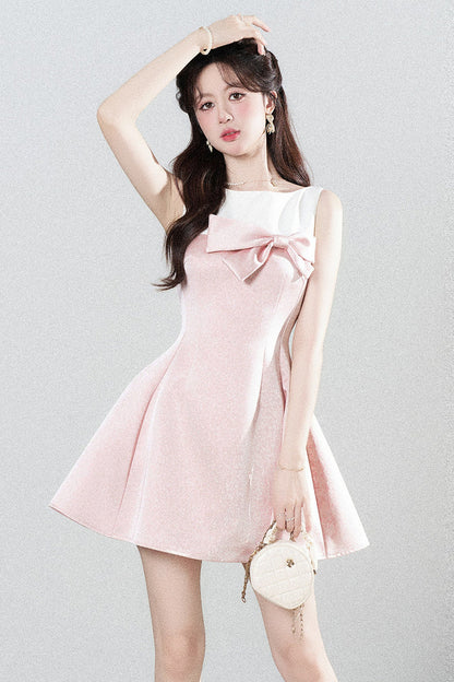 Pink Sleeveless Waist-Cinching A-Line Dress