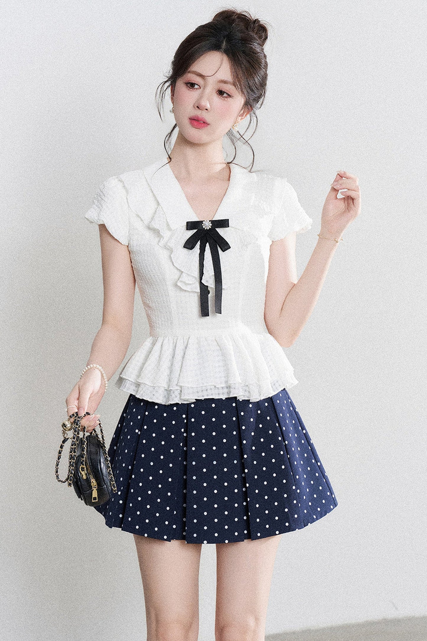 High-Waisted Polka Dot Skirt with Ruffle Shirt Set