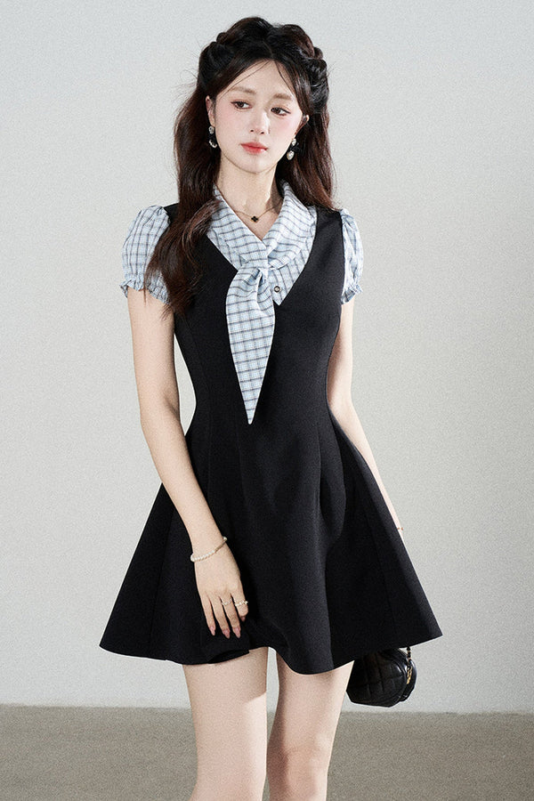 Black Short-Sleeved Patchwork Plaid A-Line Dress