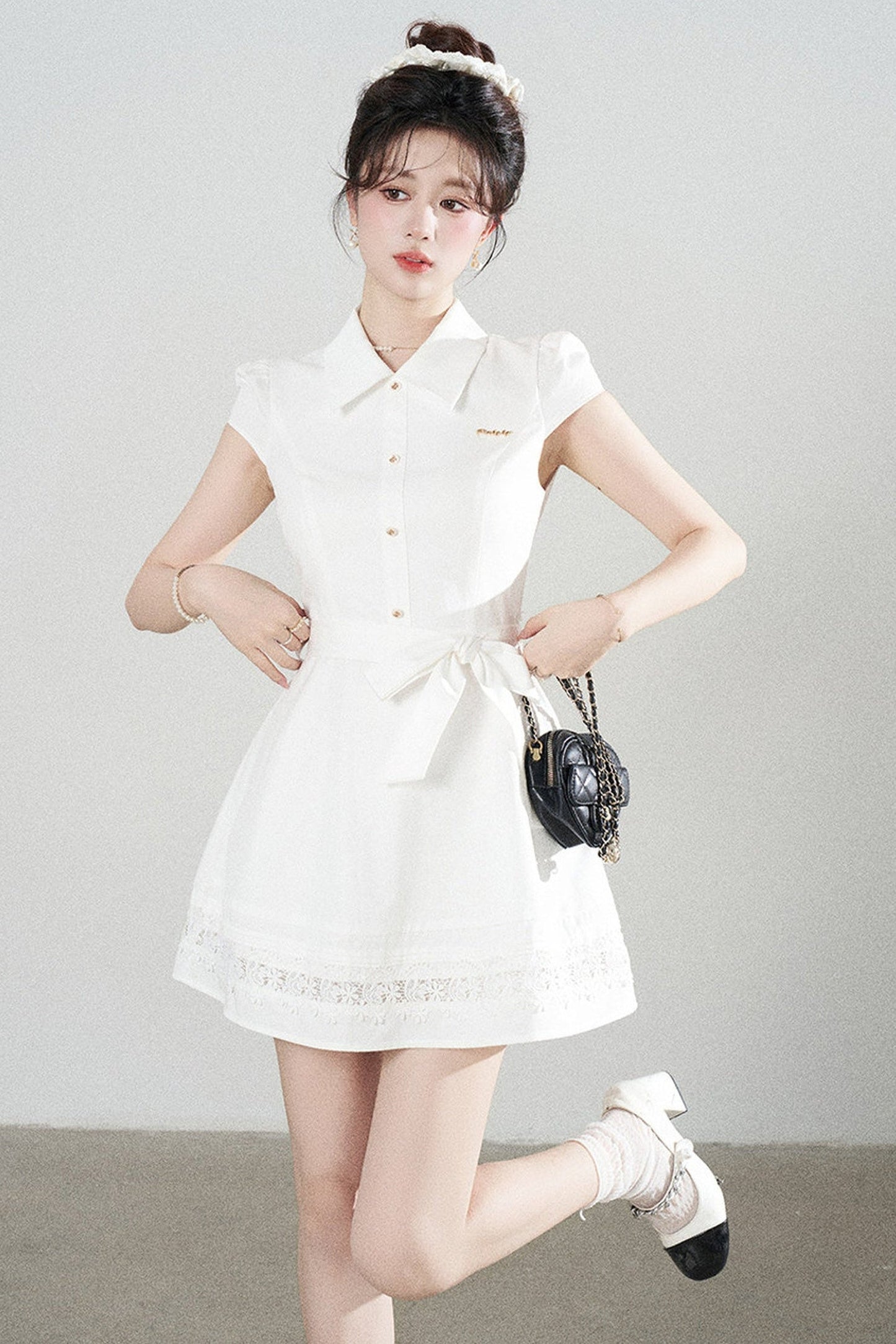 White Lace-Up Waist Puff Dress