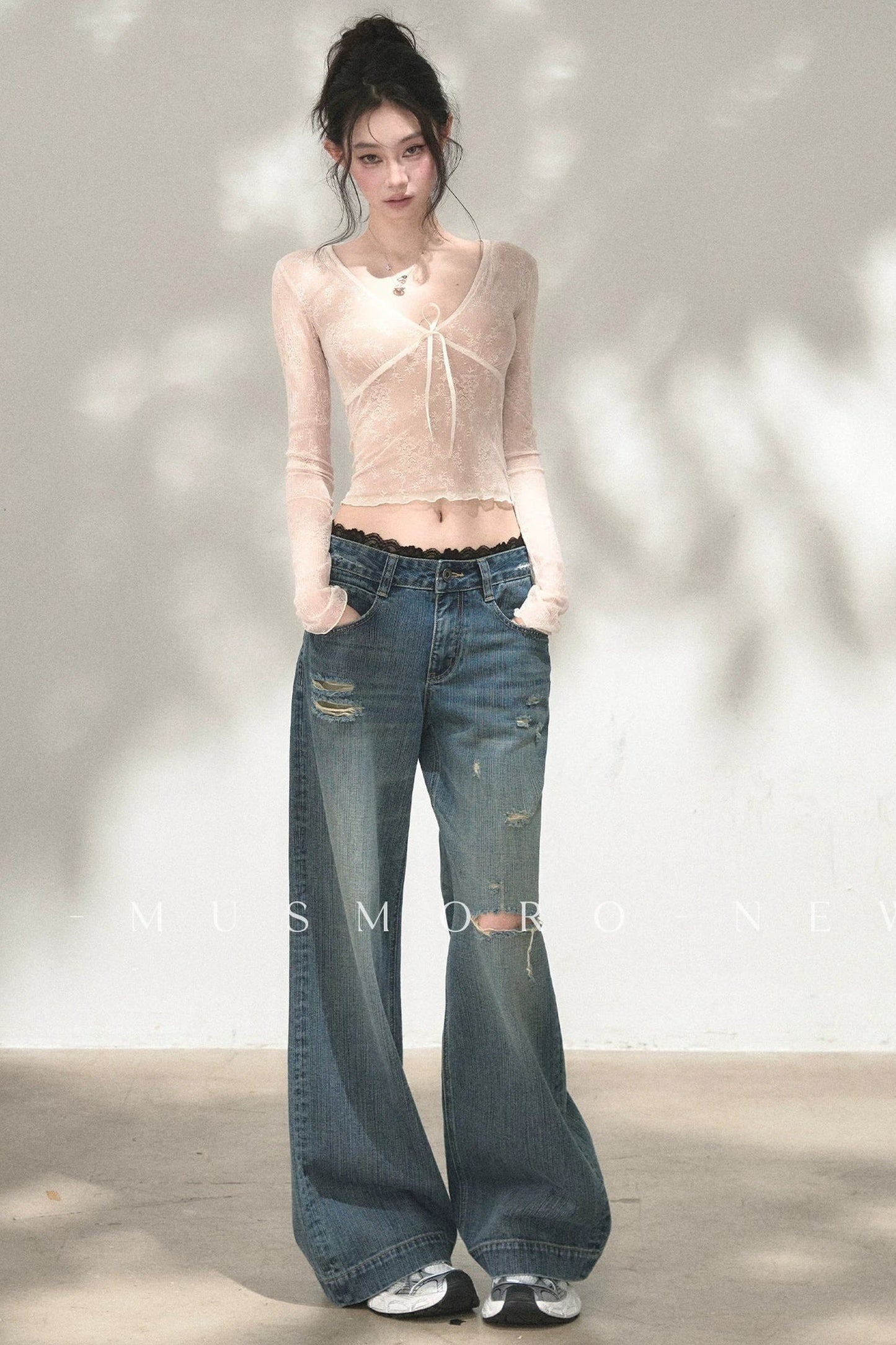 V-Neck Bow Tie Lace Top