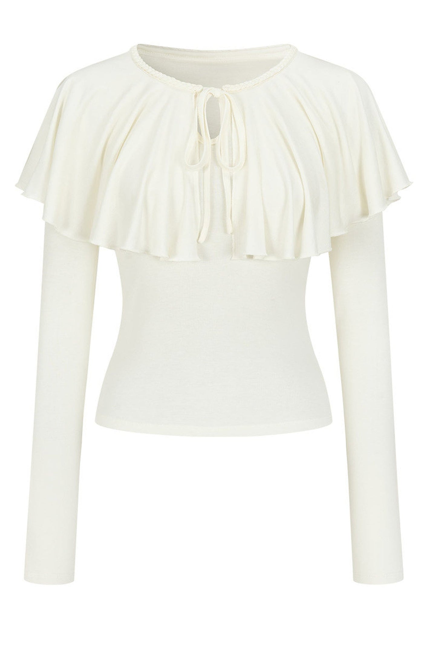 Tie-Front Ruffle Cape Long Sleeve Top