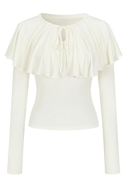 Tie-Front Ruffle Cape Long Sleeve Top