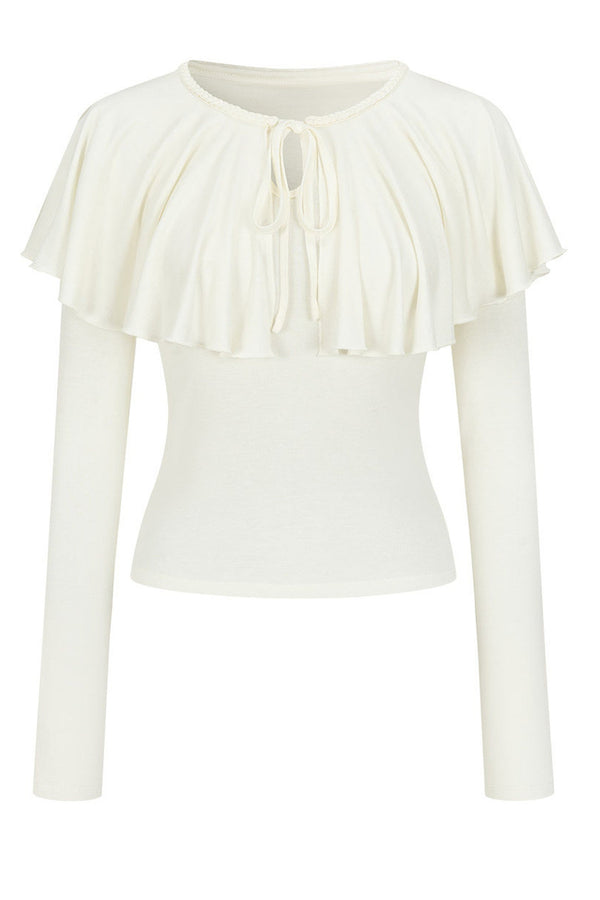 Tie-Front Ruffle Cape Long Sleeve Top