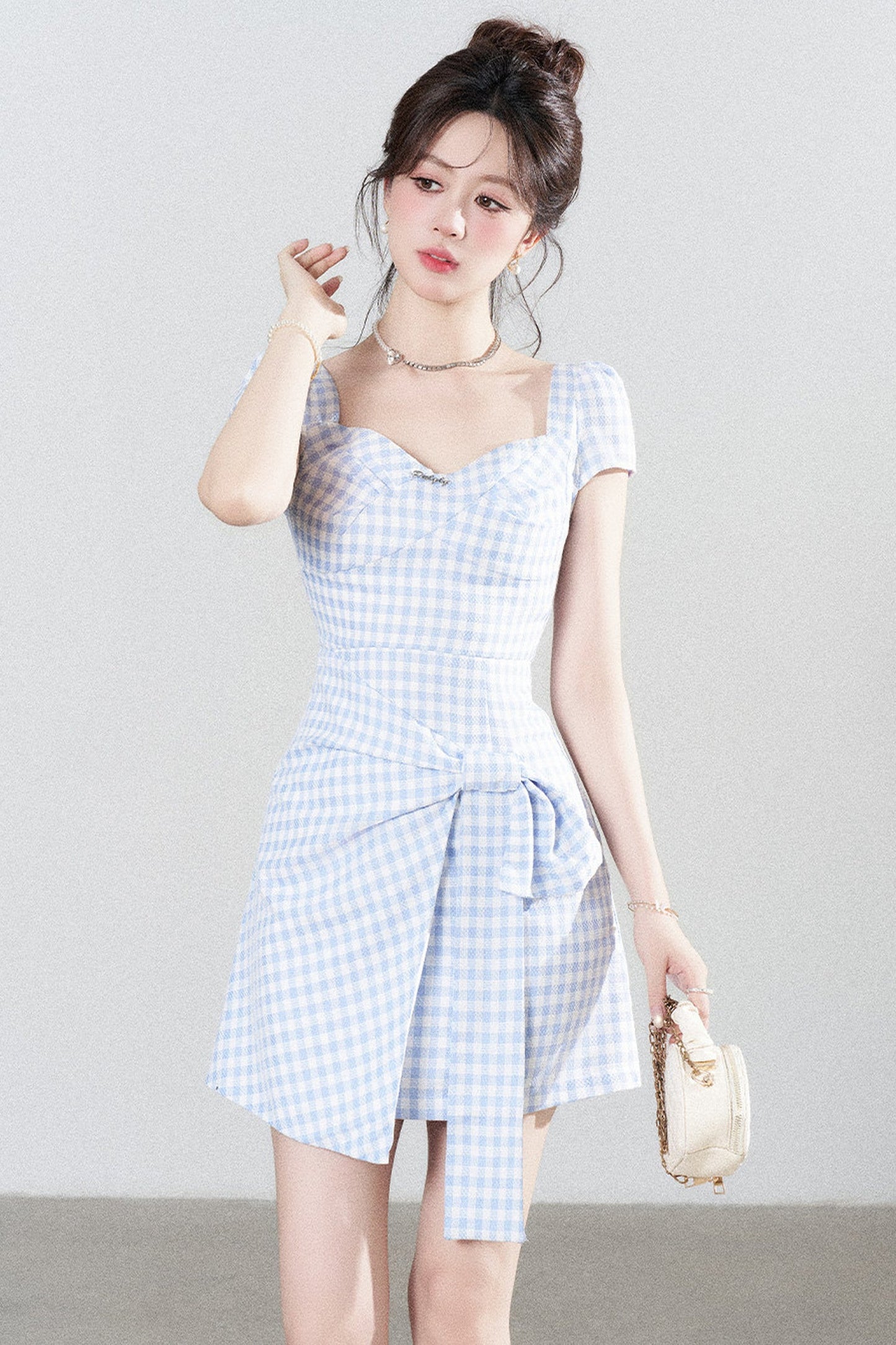 Blue Plaid Square Neck Irregular Dress