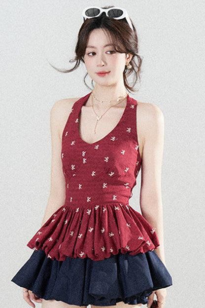 Red Halter Peplum Top