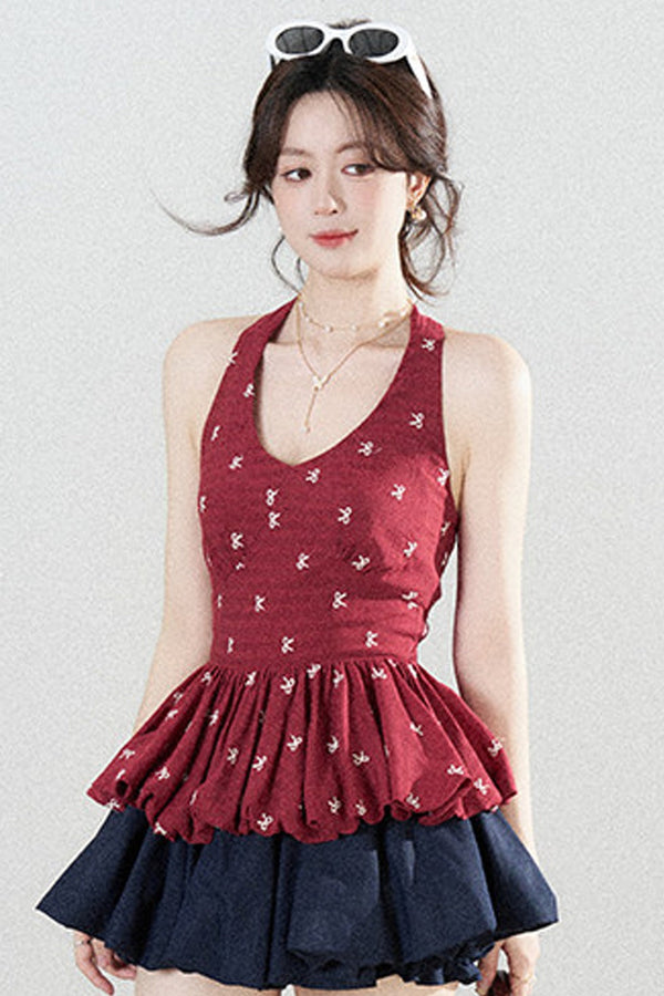 Red Halter Peplum Top