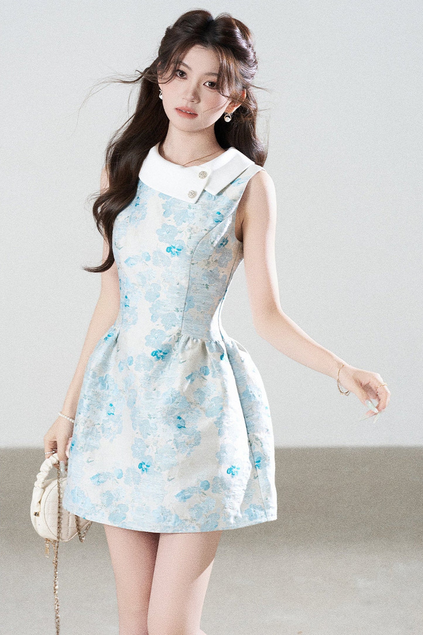 Blue Floral Jacquard Sleeveless Dress