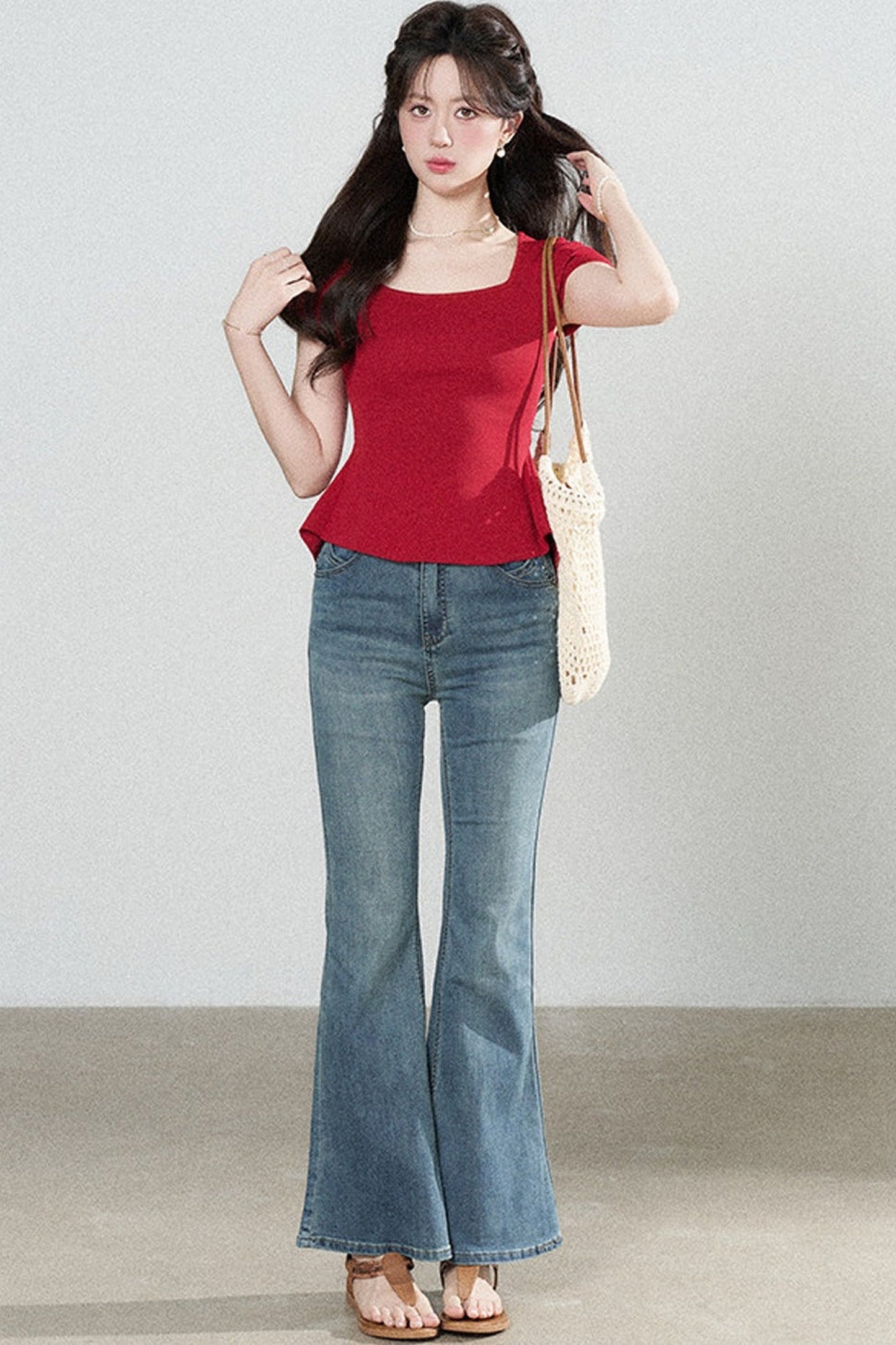 Square Neck Knit Top and Polka Dot Skirt Set-Up