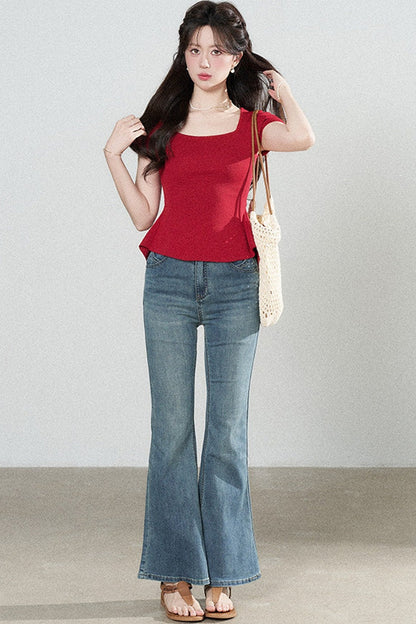 Square Neck Knit Top and Polka Dot Skirt Set-Up
