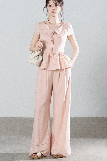 Ensemble chemise rose en Tencel à col Claudine et pantalon large