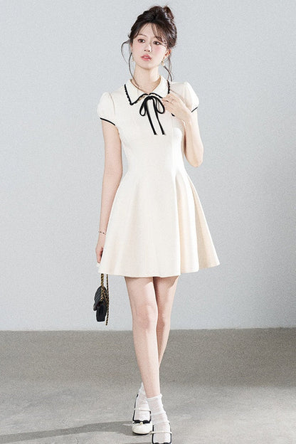 French Style Puff Sleeve Cinched Waist Dress