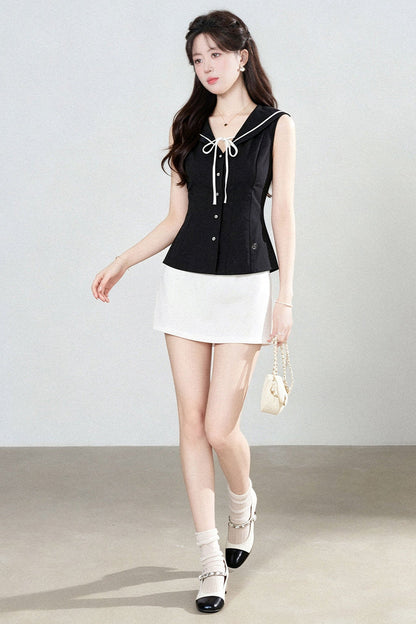 Sleeveless Sailor Collar Shirt and Skirt Set