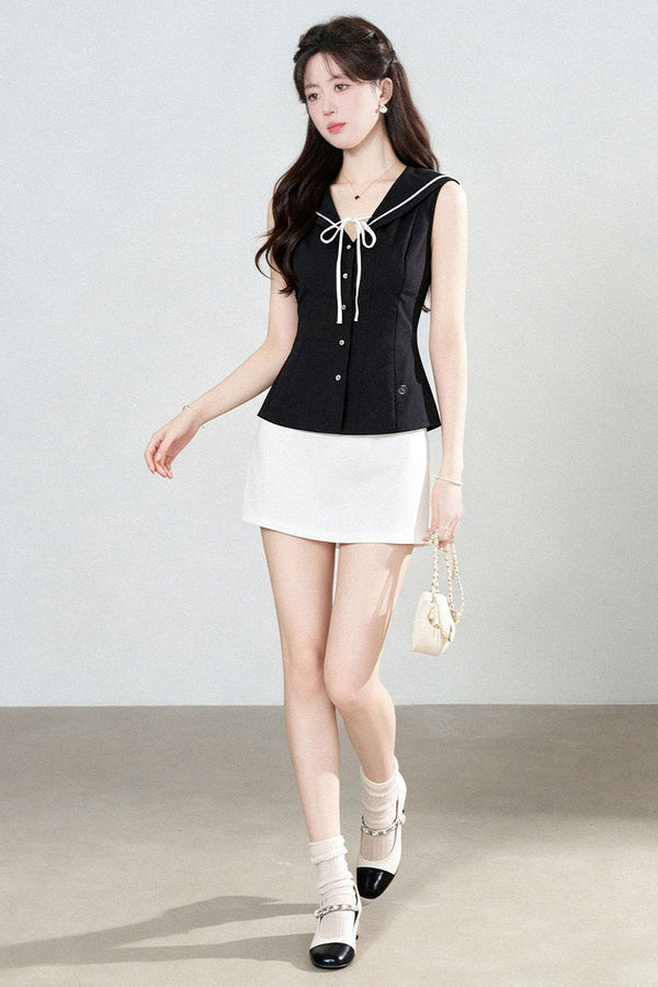 Sleeveless Sailor Collar Shirt and Skirt Set