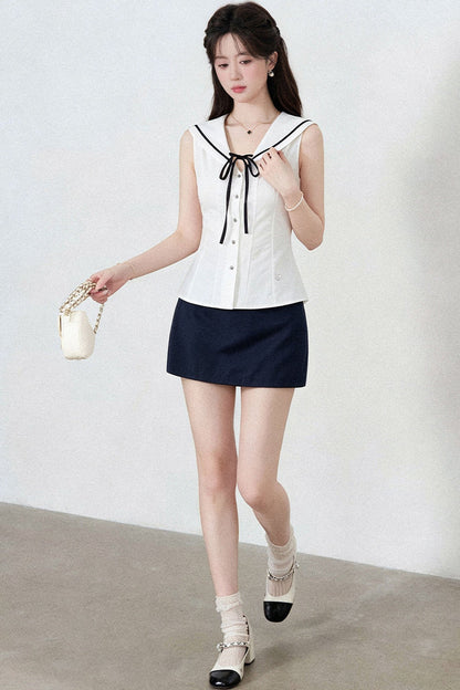 Sleeveless Sailor Collar Shirt and Skirt Set