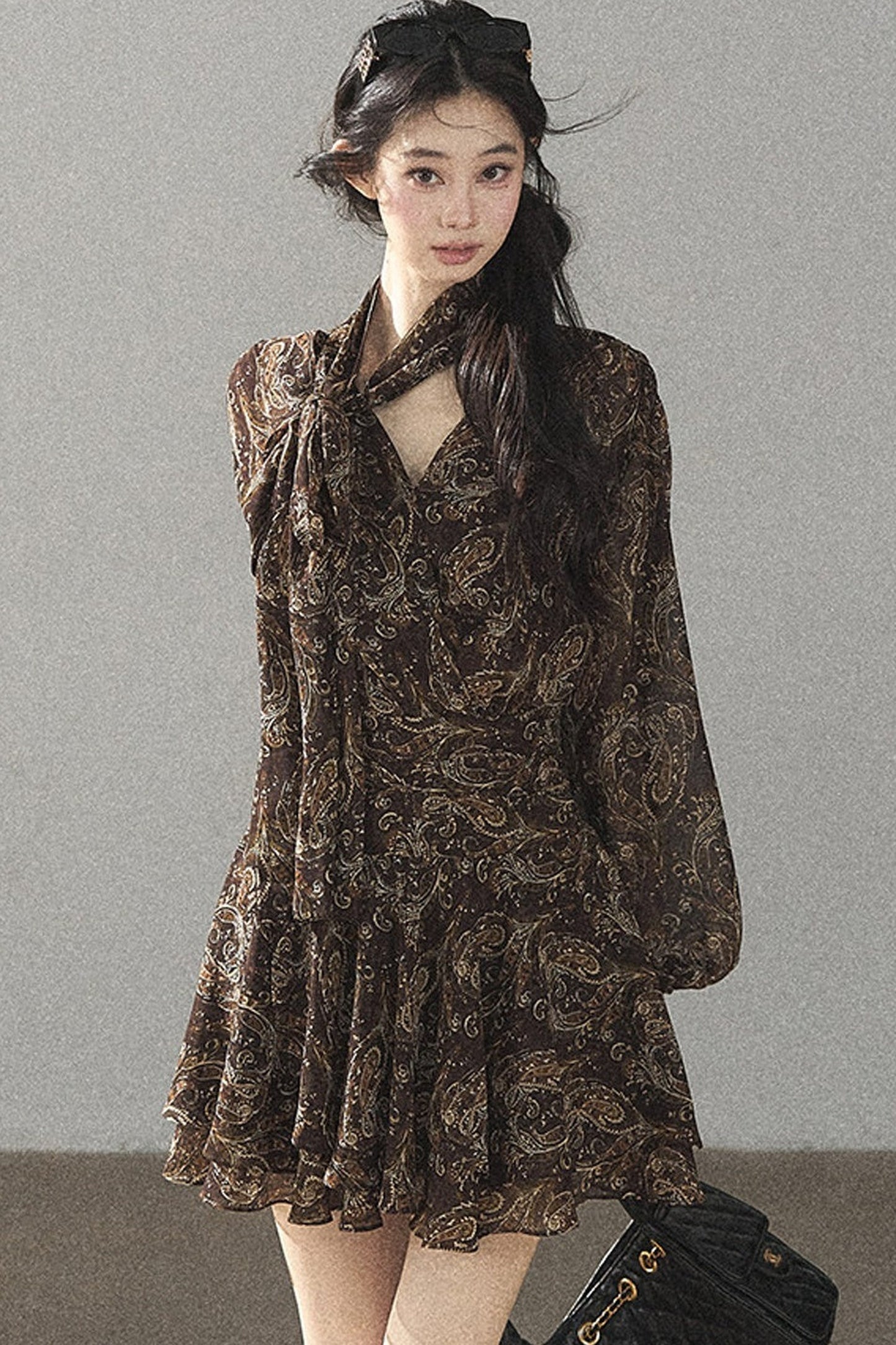 Long-Sleeve Puffy Chiffon Dress