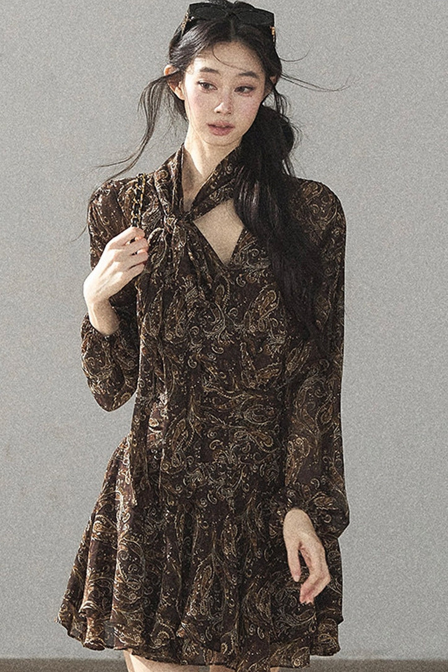 Long-Sleeve Puffy Chiffon Dress