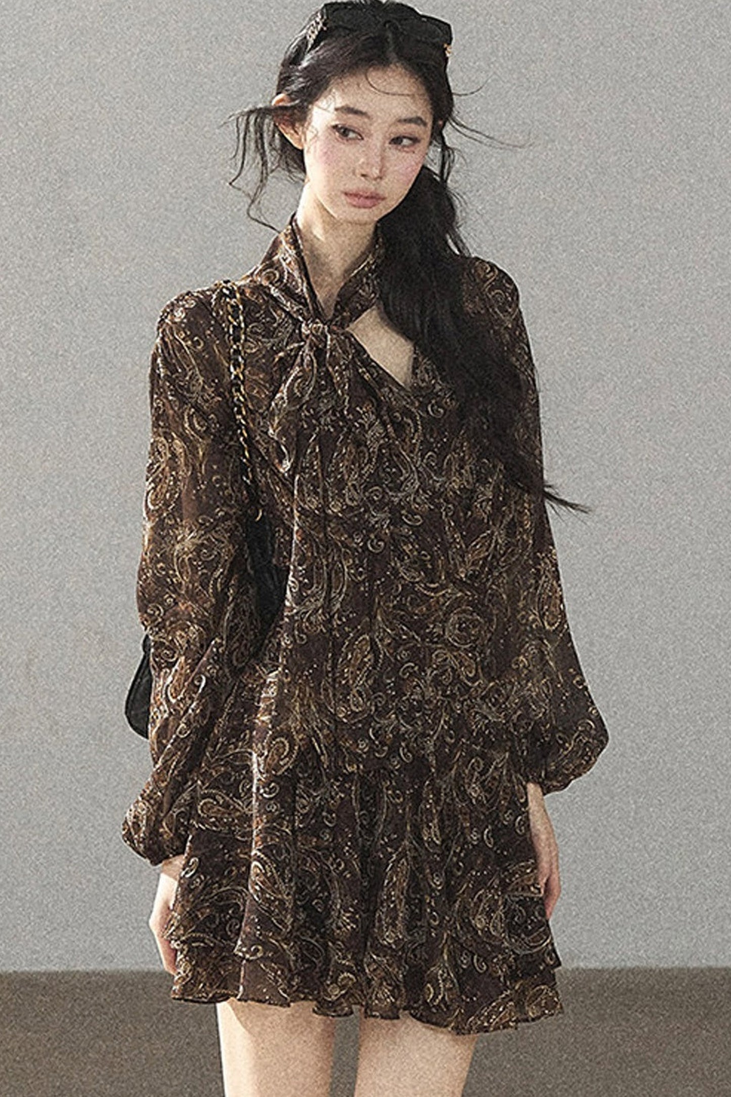 Long-Sleeve Puffy Chiffon Dress