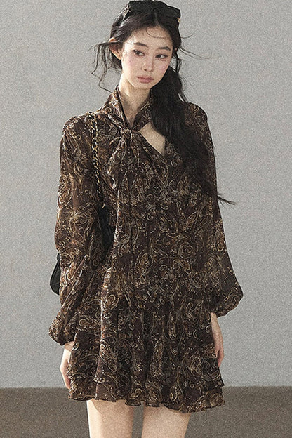 Long-Sleeve Puffy Chiffon Dress